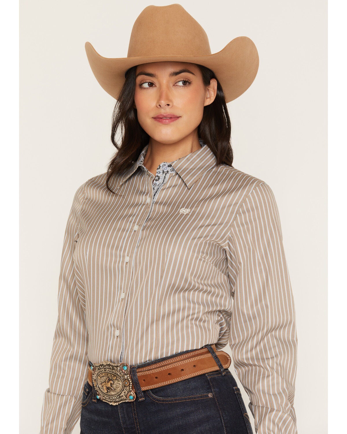 Image #2 - Cinch Women's TENCEL Striped Long Sleeve Button-Down Western Shirt, Brown, hi-res
