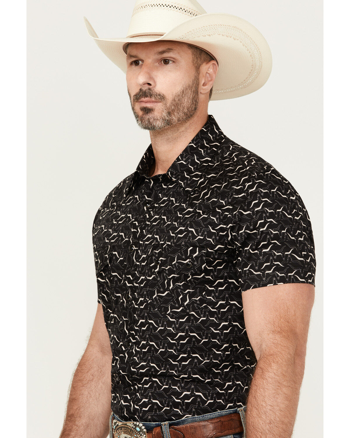Image #2 - Rock & Roll Denim Men's Longhorn Print Short Sleeve Pearl Snap Stretch Western Shirt, Black, hi-res