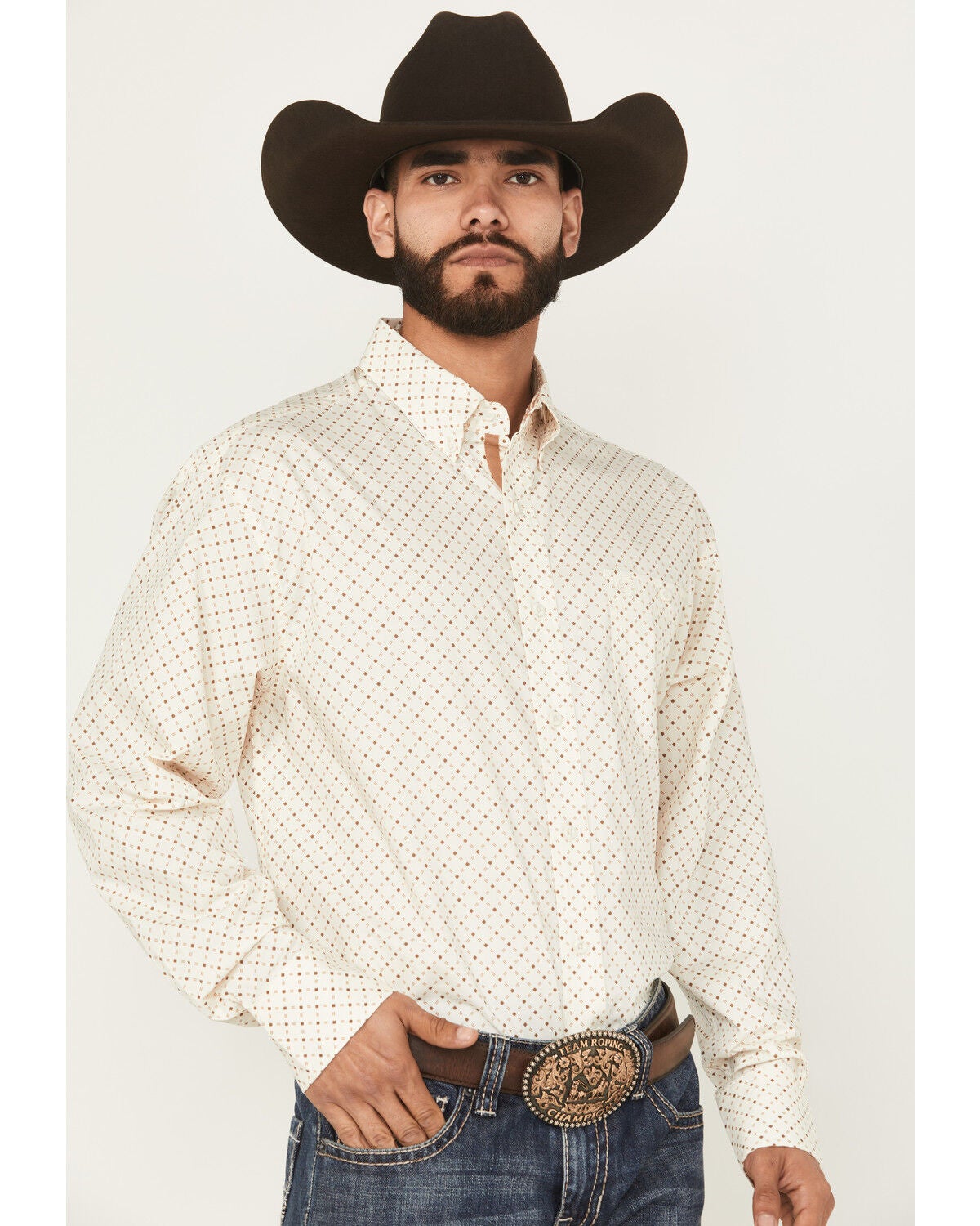 Image #2 - George Strait by Wrangler Men's Geo Print Long Sleeve Button-Down Stretch Western Shirt - Tall, White, hi-res