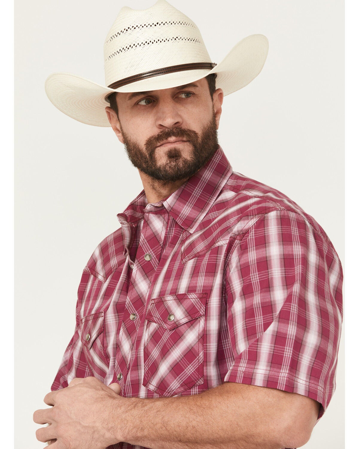 Image #2 - Wrangler 20X Men's Plaid Print Short Sleeve Snap Stretch Western Shirt, Wine, hi-res