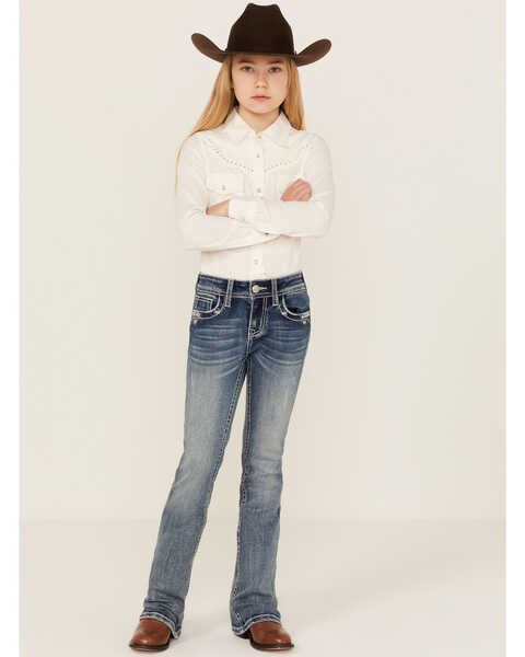 Grace in LA Girls' Medium Wash Floral Embroidered Pocket Bootcut Jeans, Medium Wash, hi-res