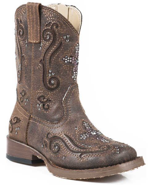 Image #1 - Roper Toddler Girls' Crystal Cross Inlay Western Boots - Square Toe, Brown, hi-res
