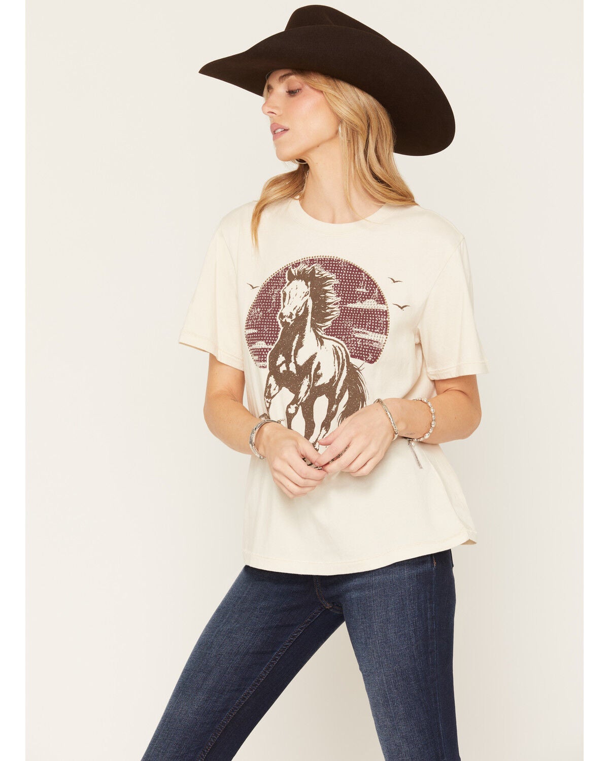 Image #2 - Shyanne Women's Horse with Rhinestone Sun Short Sleeve Graphic Boyfriend Tee, Natural, hi-res