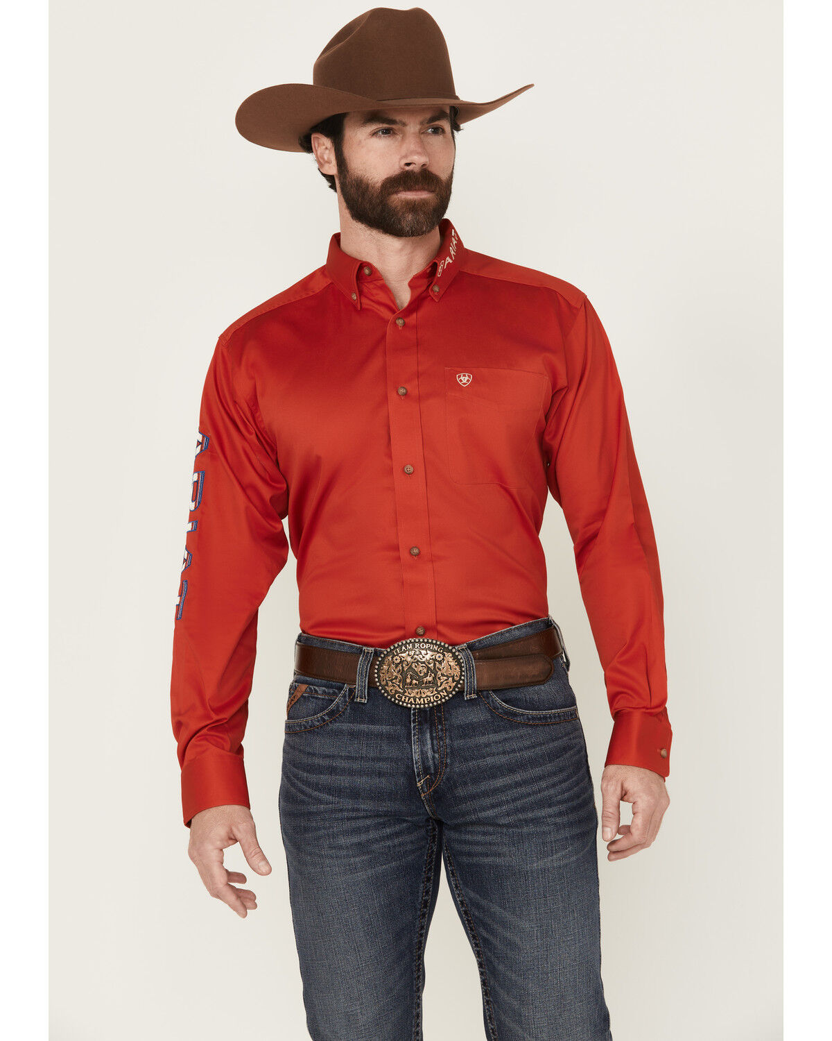 Image #1 - Ariat Men's Team Logo Solid Long Sleeve Button-Down Western Shirt, Red, hi-res