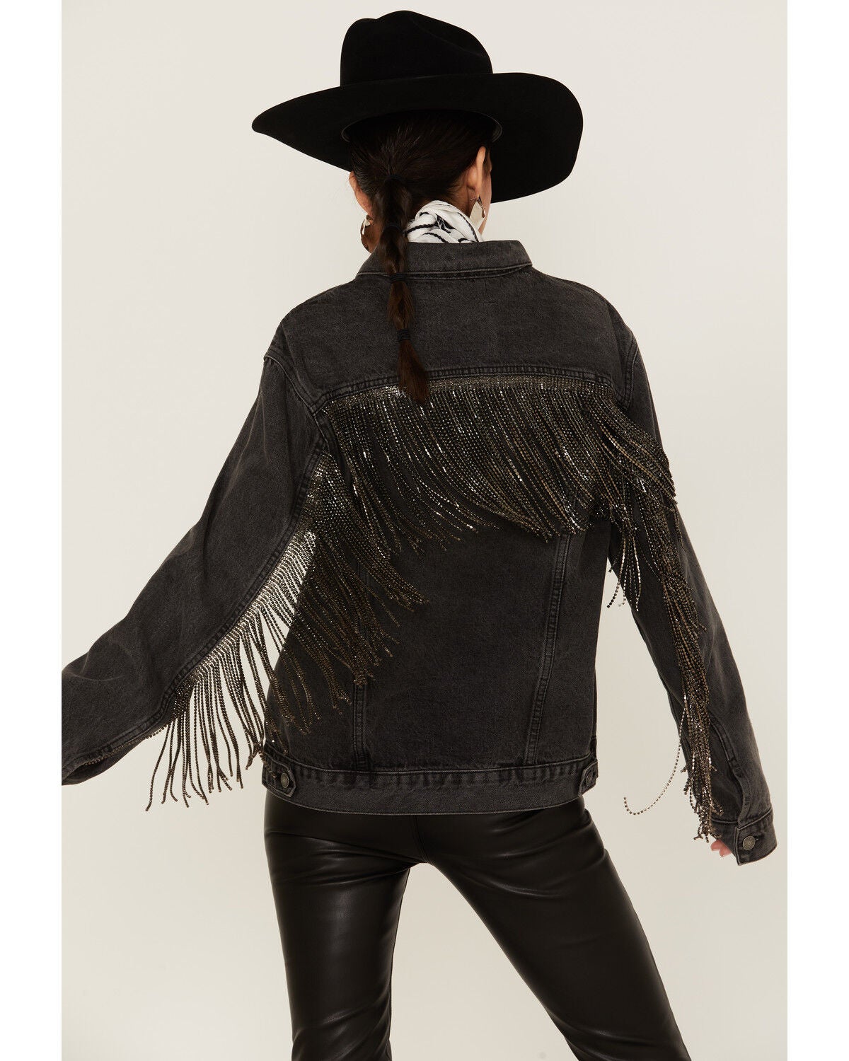 The Andy Jacket by Daniel Diamond: Women's Gray Denim Jacket With Gunmetal Fringe, Charcoal, hi-res