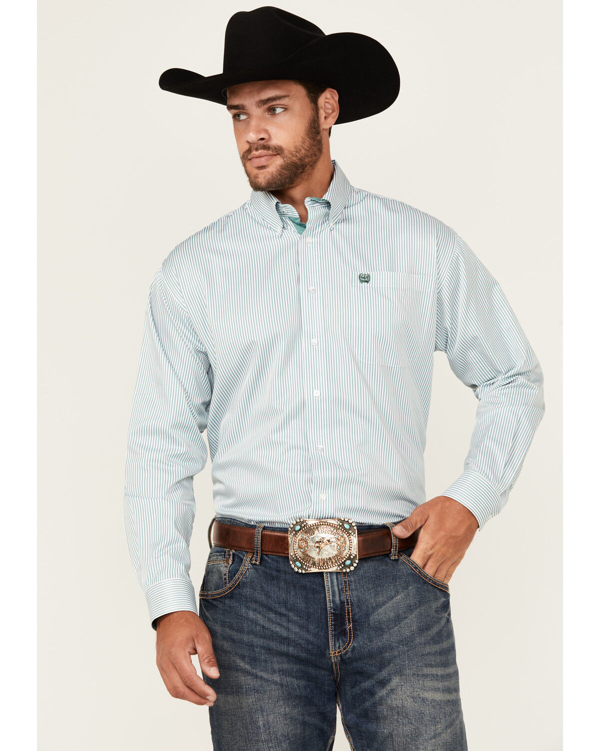Image #1 - Cinch Men's Striped Long Sleeve Button-Down Western Shirt, White, hi-res