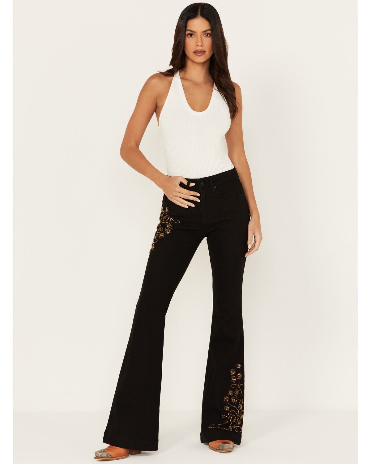 Shyanne Women's Sand Palm High Rise Embellished Flare Jeans, Black, hi-res