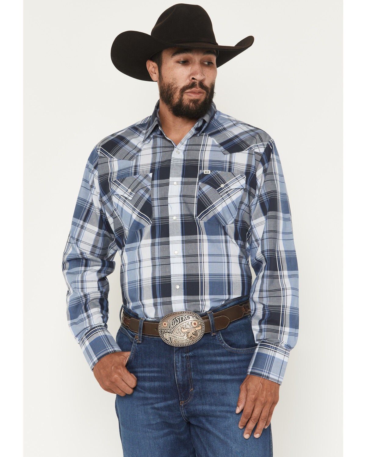 Ely Walker Men's Plaid Print Long Sleeve Pearl Snap Western Shirt, Blue, hi-res
