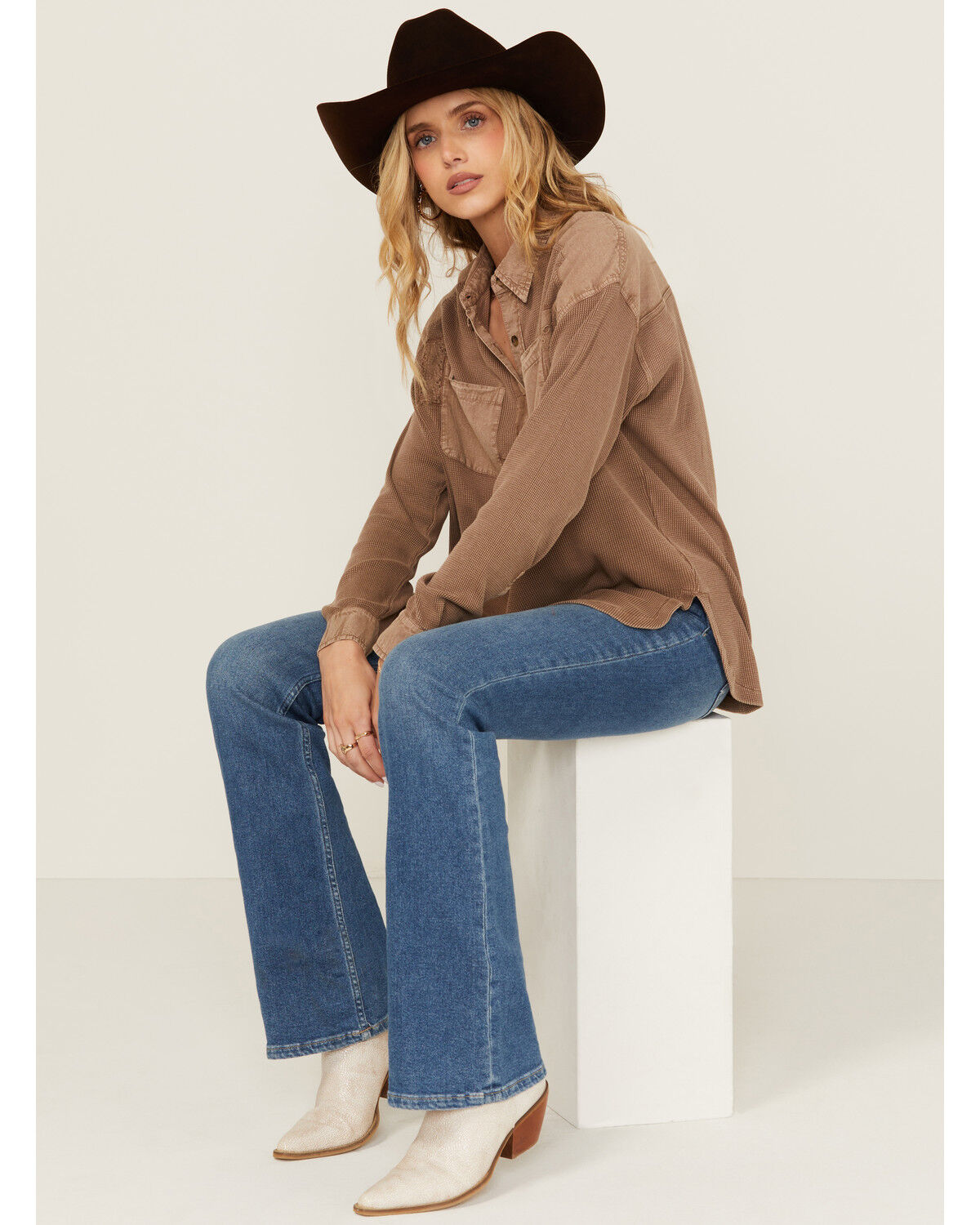 Image #1 - Cleo + Wolf Women's Candie Patchwork Long Sleeve Button-Down Shirt, Medium Brown, hi-res