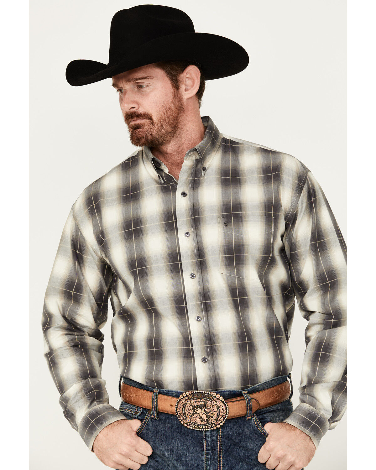 Image #1 - Stetson Men's Plaid Print Long Sleeve Button-Down Western Shirt, Dark Green, hi-res