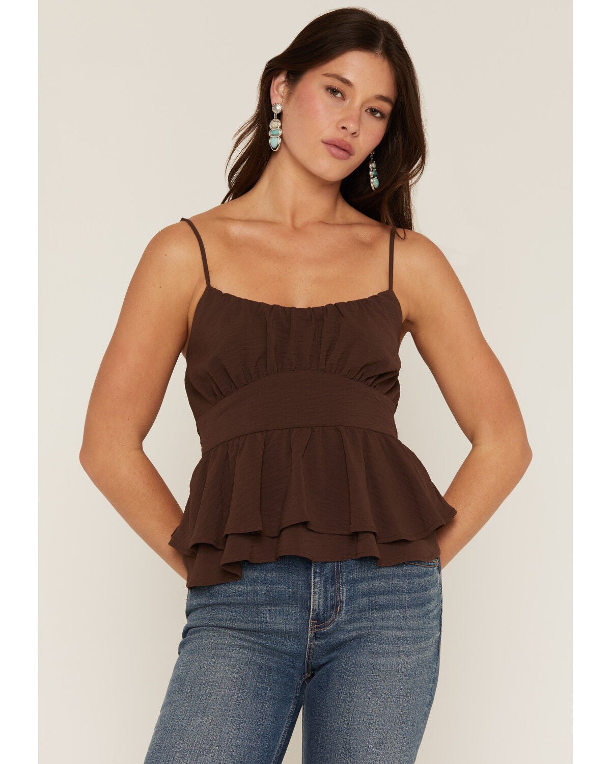 Image #1 - Originality Women's Emma Solid Sleeveless Peplum Tank Top, Brown, hi-res