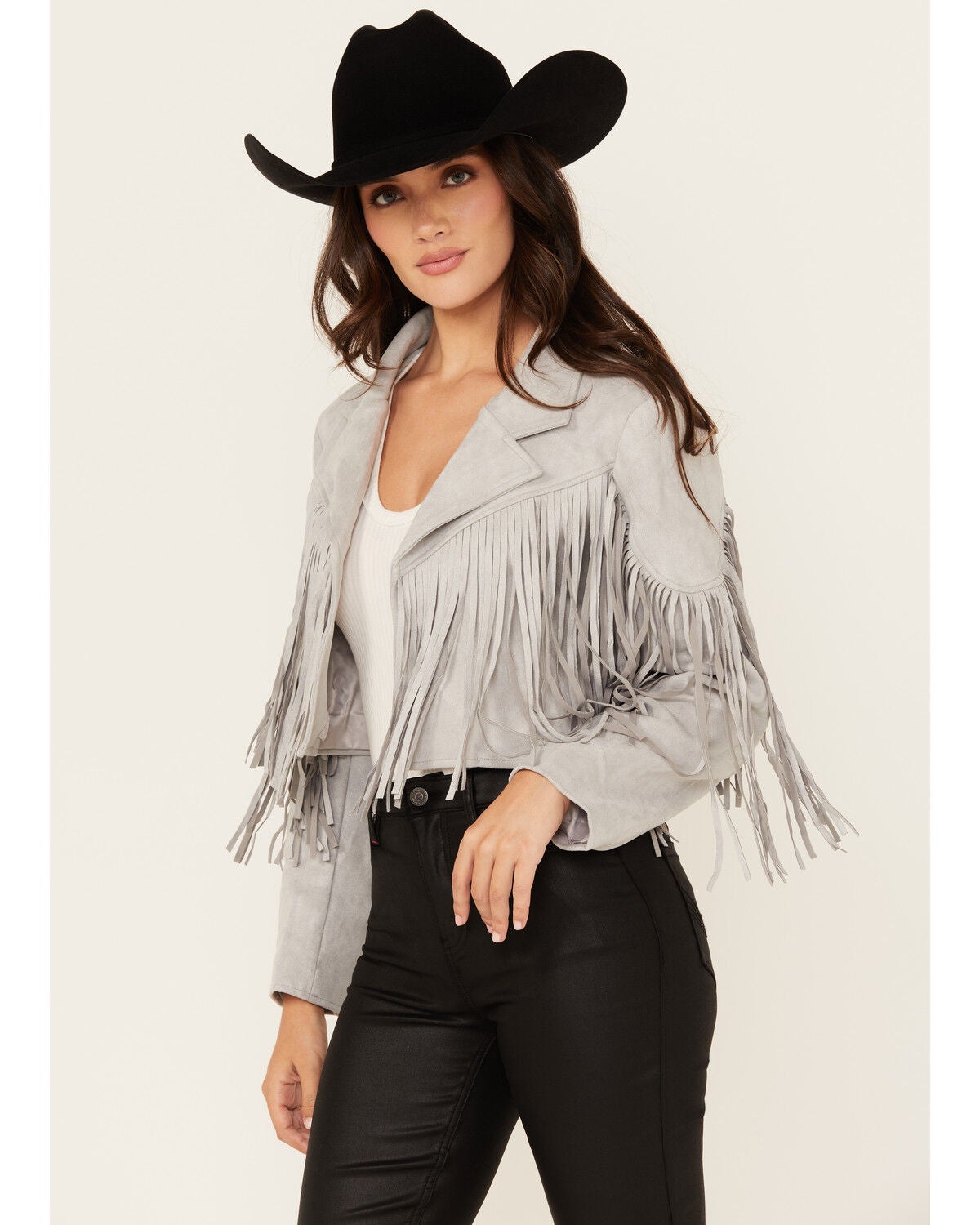 Saints & Hearts Women's Faux Suede Fringe Jacket, Grey, hi-res