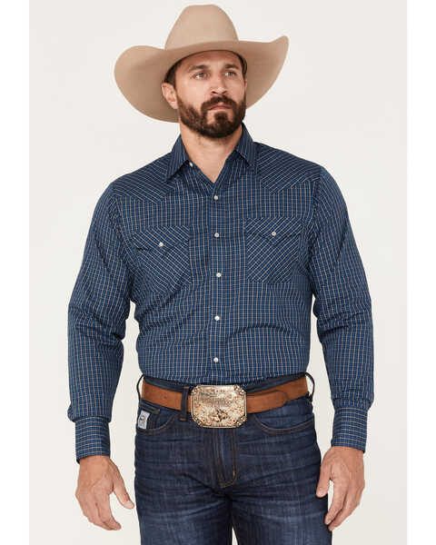 Ely Walker Men's Small Plaid Print Long Sleeve Pearl Snap Western Shirt, Navy, hi-res
