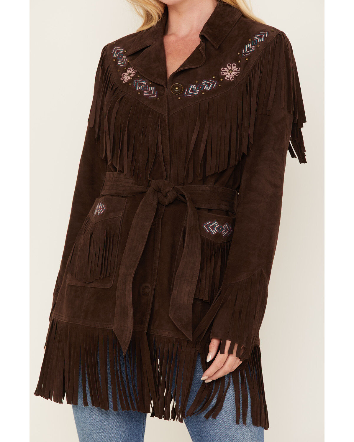 Image #5 - Idyllwind Women's Batavia Embroidered Fringe Suede Coat, Dark Brown, hi-res