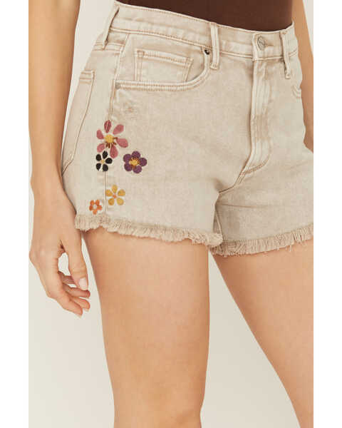Image #2 - Driftwood Women's Goldie X Boogie Nights High Rise Floral Embroidered Stretch Denim Shorts , Taupe, hi-res