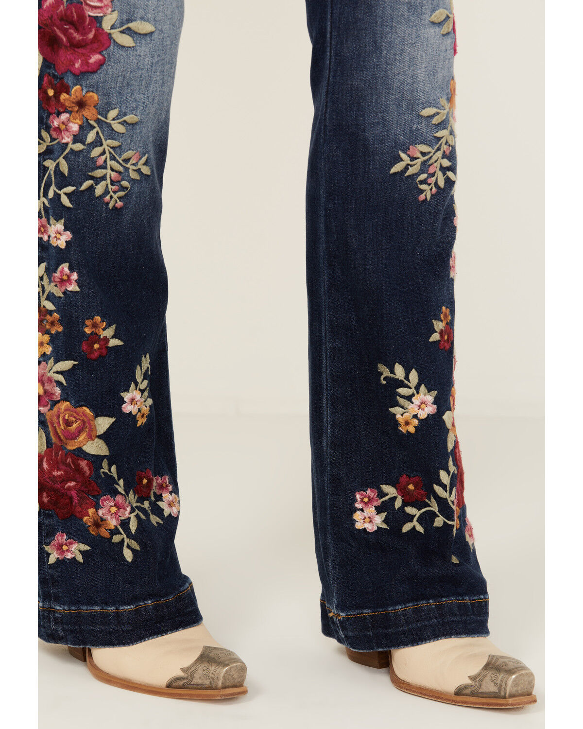 Image #2 - Driftwood Women's Medium Wash High Rise Floral Embroidered Stretch Flare Jeans, Medium Wash, hi-res