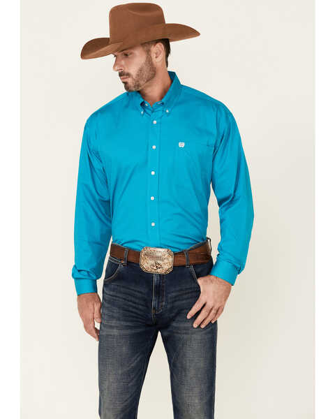 Cinch Men's Solid Long Sleeve Button-Down Western Shirt, Teal, hi-res