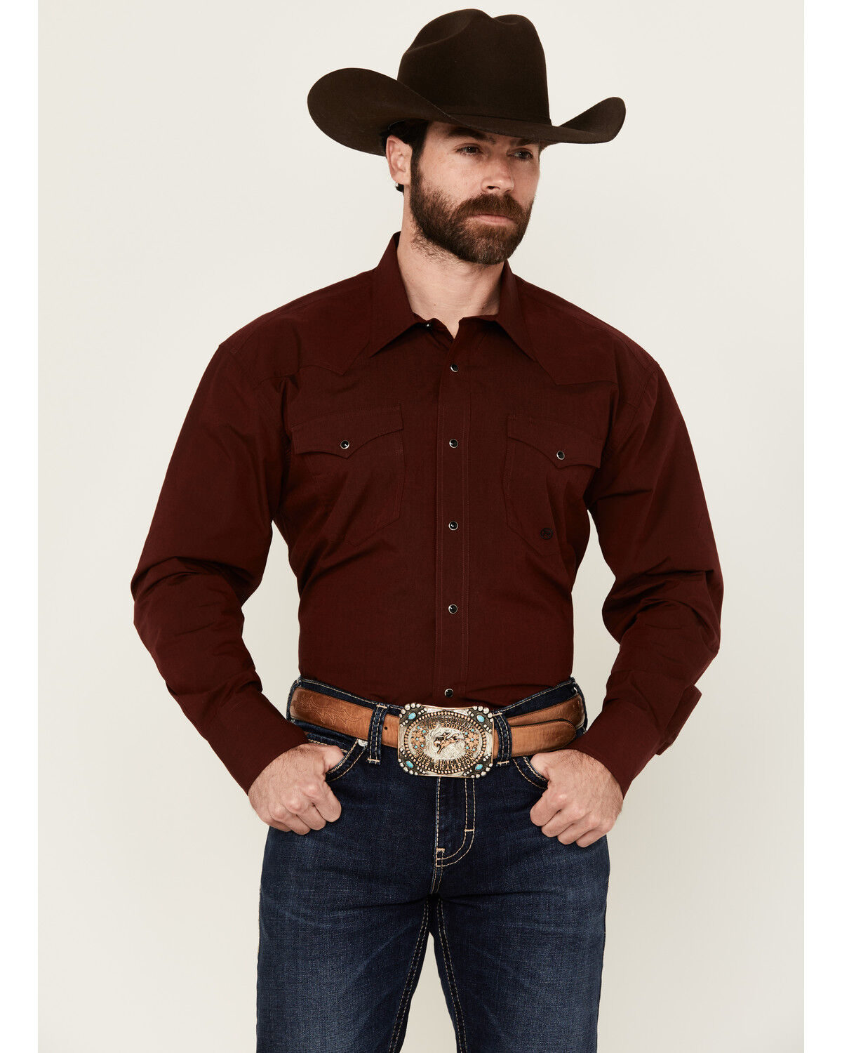 Image #1 - Roper Men's Amarillo Solid Long Sleeve Snap Western Shirt, Burgundy, hi-res