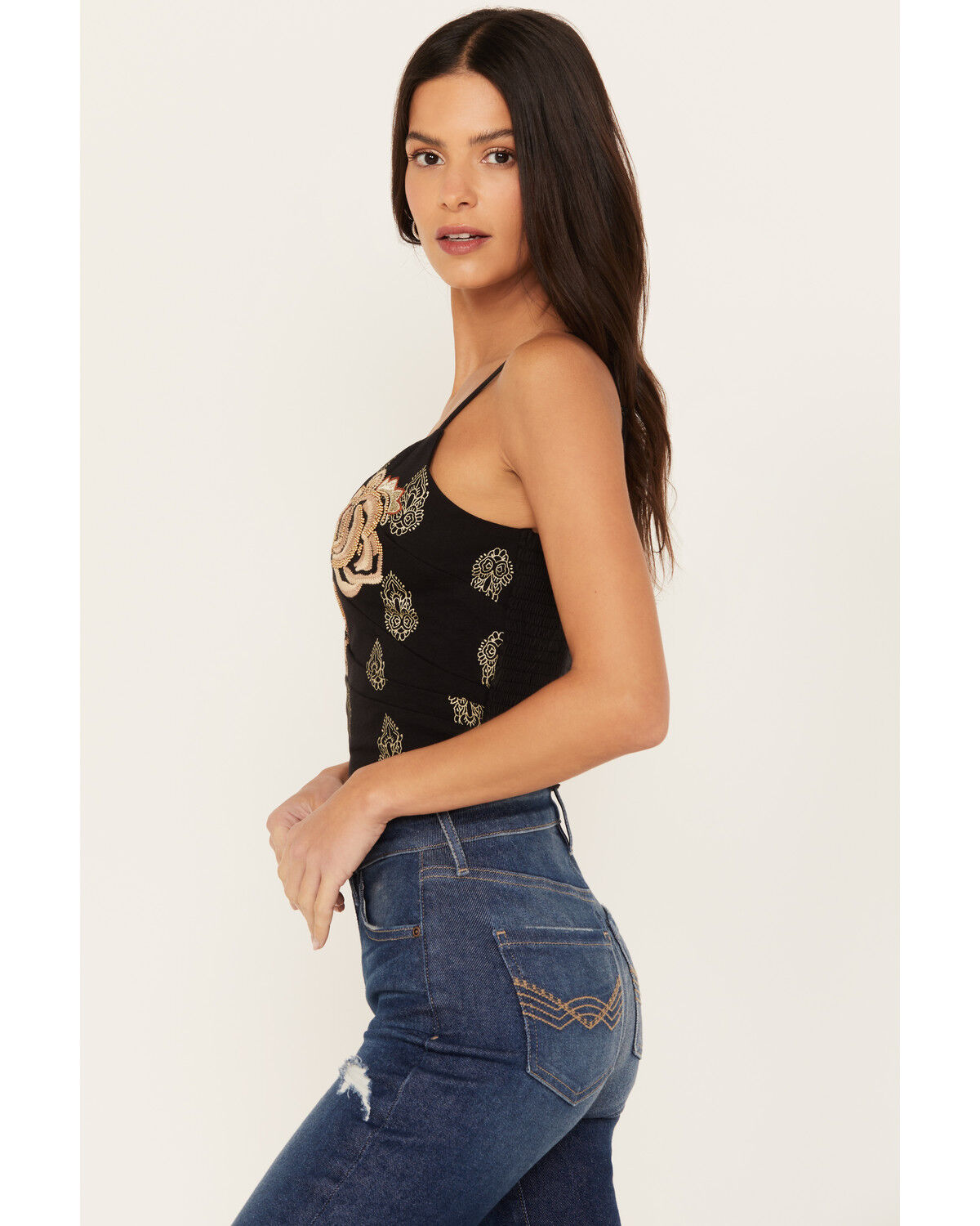 Image #3 - Idyllwind Women's Jessamine Embroidered Smocked Back Crop Top, Black, hi-res