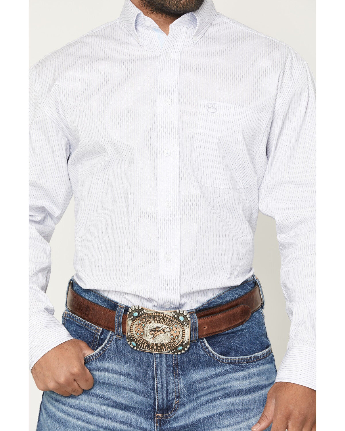 Image #3 - Panhandle Slim Men's Dobby Striped Long Sleeve Button-Down Western Shirt, Blue, hi-res