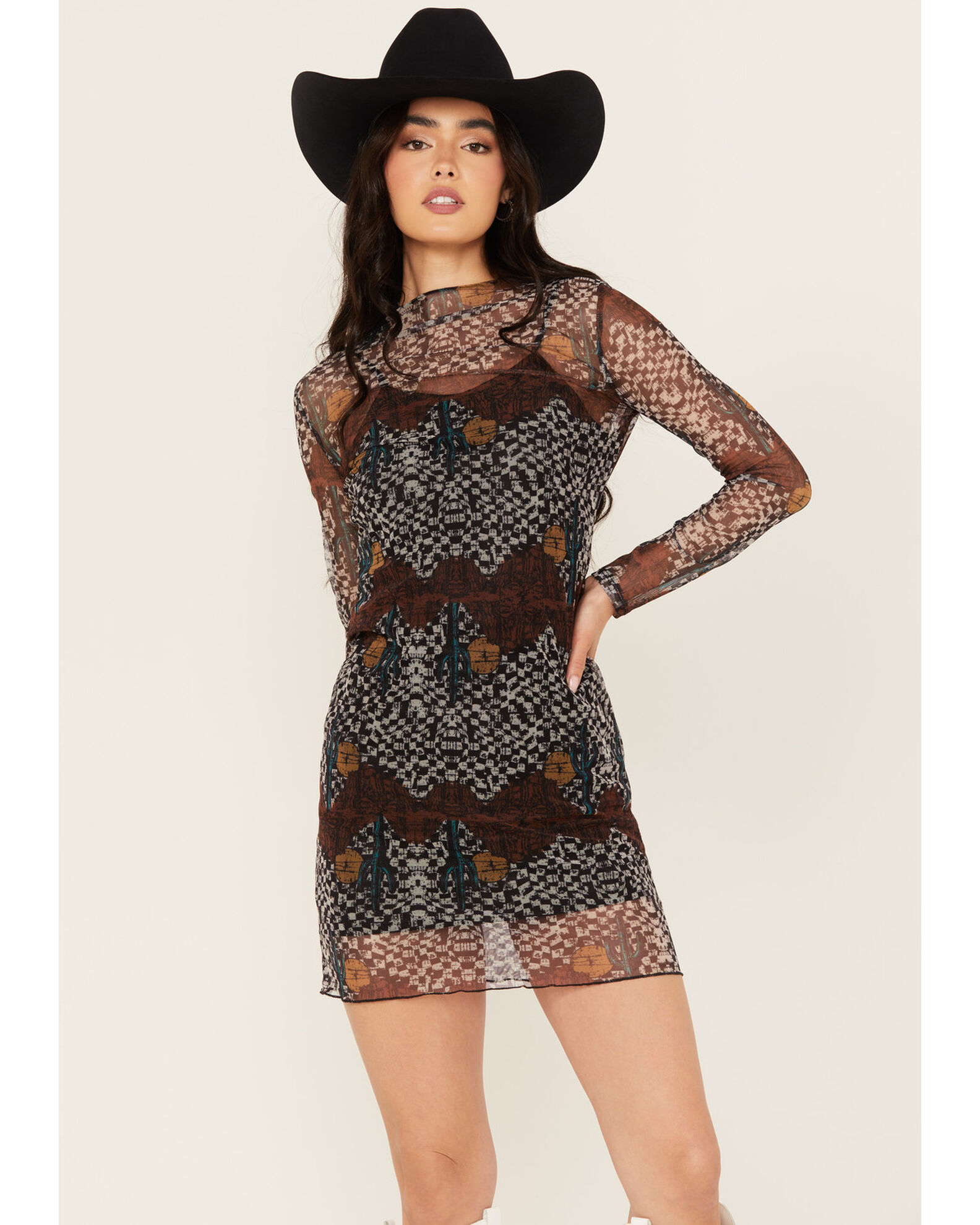 Rock Roll Denim Women s Floral Check Print Mesh Long Sleeve