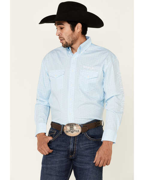 Image #1 - Wrangler Men's Geo Print Logo Long Sleeve Western Shirt , Blue, hi-res