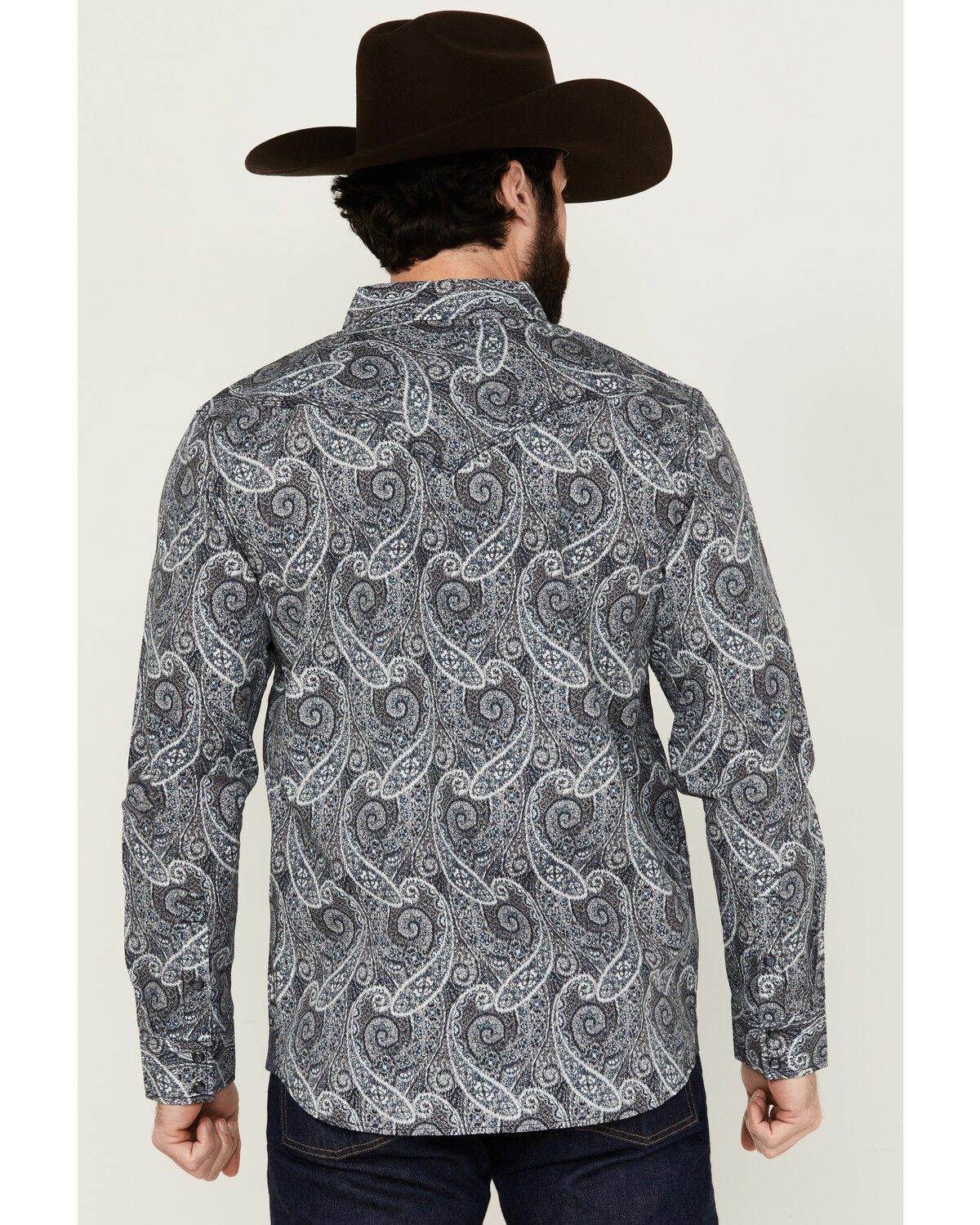 Image #4 - Moonshine Spirit Men's Crossing Paisley Print Long Sleeve Pearl Snap Western Shirt, Navy, hi-res