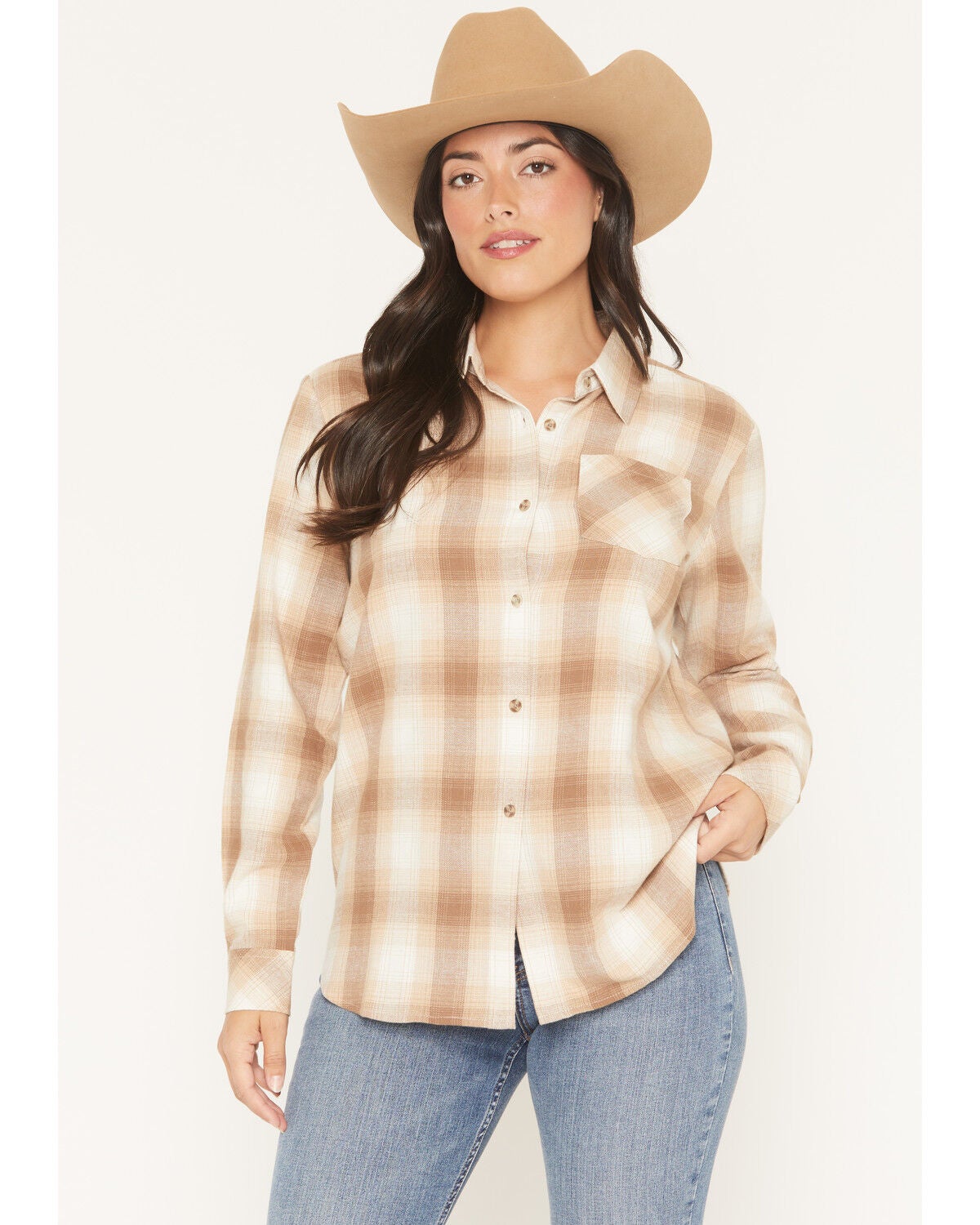 Shyanne Women's Vistas Plaid Print Long Sleeve Button-Down Flannel Shirt, Coffee, hi-res