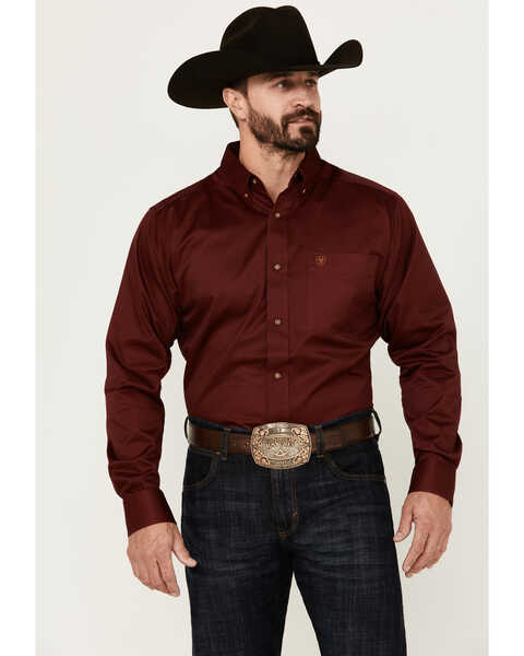Image #1 - Ariat Men's Solid Twill Fitted Long Sleeve Button-Down Western Shirt , Burgundy, hi-res