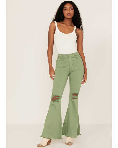 Sneak Peek Women's High-Rise Distressed Flare Jeans, Green, hi-res