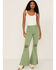 Image #1 - Sneak Peek Women's High Rise Distressed Flare Jeans, Green, hi-res