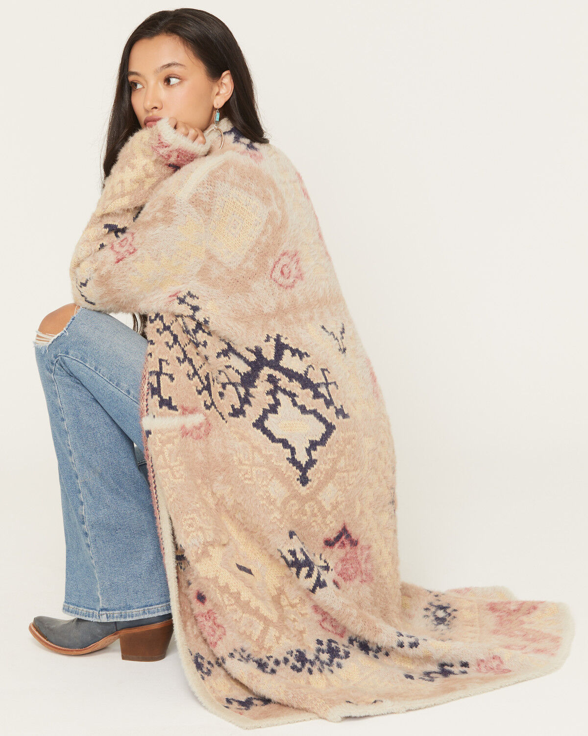 Image #1 - Shyanne Women's Southwestern Print Eyelash Yarn Duster, Mauve, hi-res
