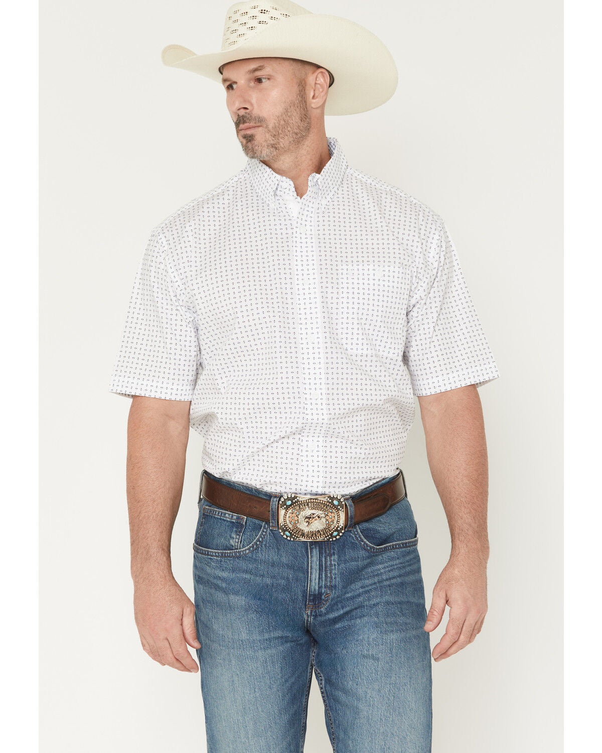 George Strait by Wrangler Men's Geo Print Short Sleeve Button-Down Stretch Western Shirt, White, hi-res