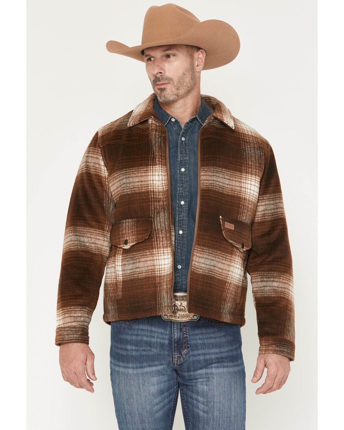 Image #1 - Outback Trading Co Men's Silas Plaid Print Zip-Up Concealed Carry Jacket, Brown, hi-res