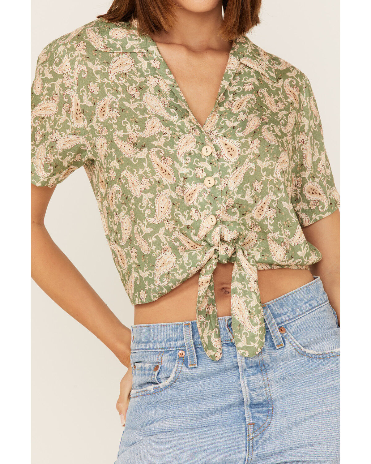 Image #3 - Sadie & Sage Women's Watchin Dreamin Tie Front Short Sleeve Shirt, Olive, hi-res