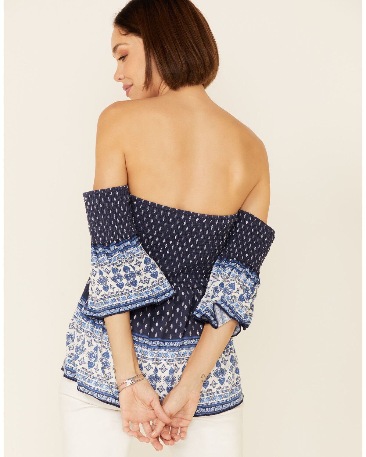 Image #4 - Temped Women's Border Print Smocked Off Shoulder Short Sleeve Top, Navy, hi-res