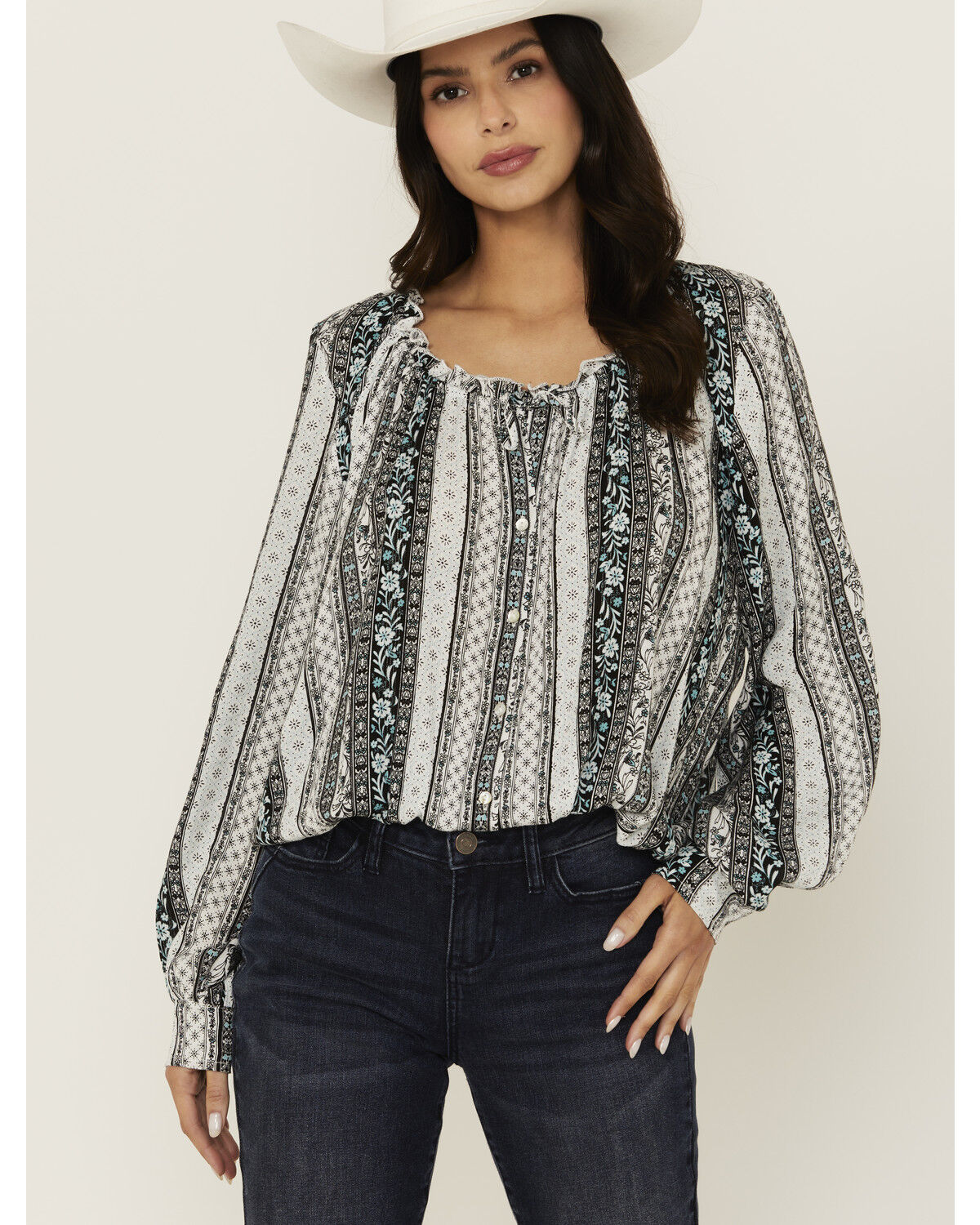 Image #1 - Wild Moss Women's Floral Striped Print Long Sleeve Peasant Shirt, Teal, hi-res