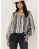 Image #1 - Wild Moss Women's Floral Striped Print Long Sleeve Peasant Shirt, Teal, hi-res