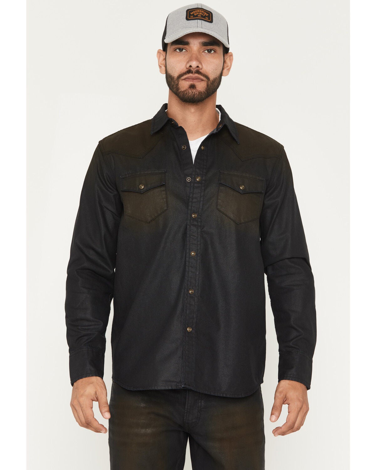 Image #1 - Moonshine Spirit&reg; Men's Wax Coated Denim Long Sleeve Snap Western Shirt, Dark Wash, hi-res