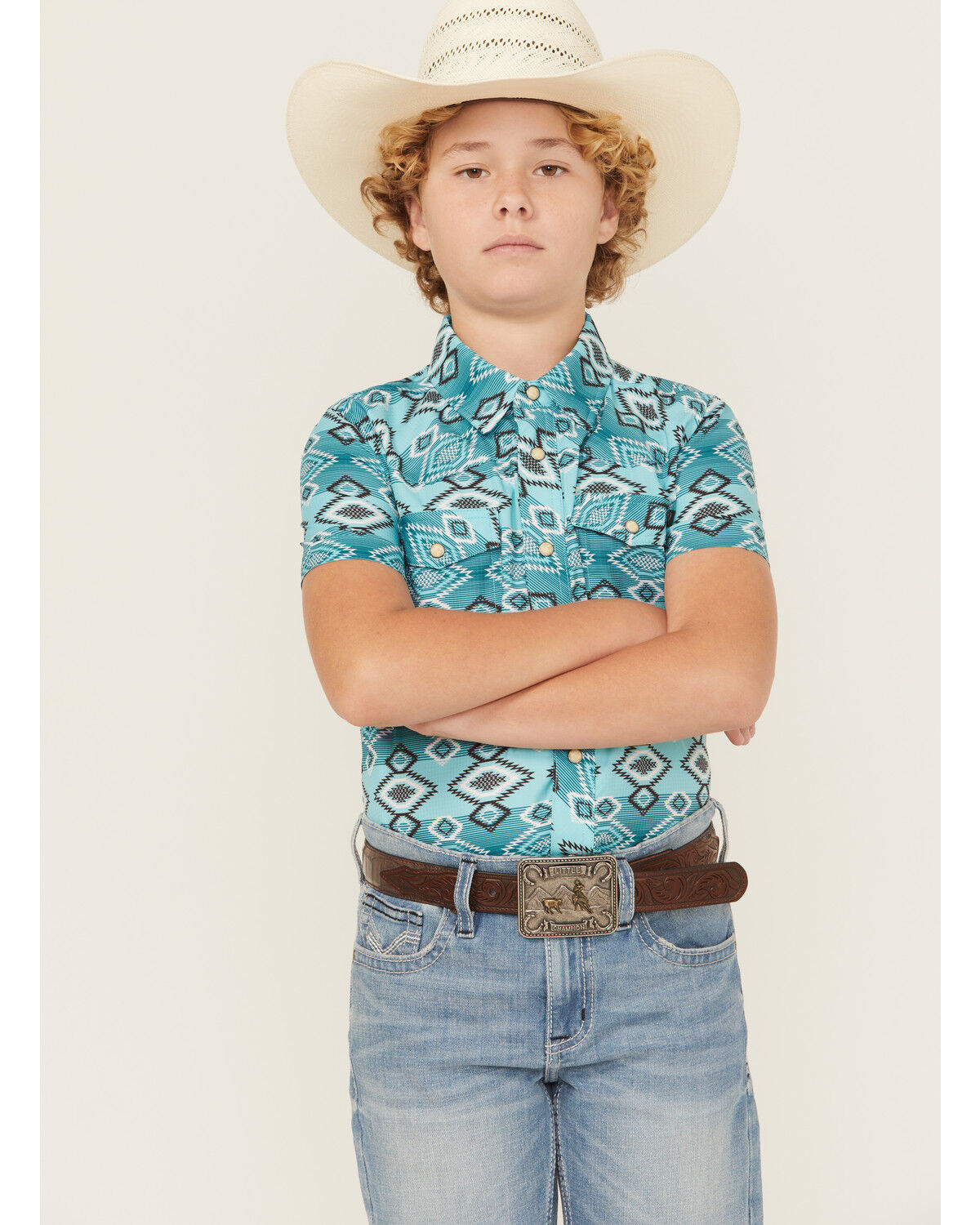 Image #1 - Rock & Roll Denim Boys' Southwestern Print Short Sleeve Snap Western Shirt, Teal, hi-res