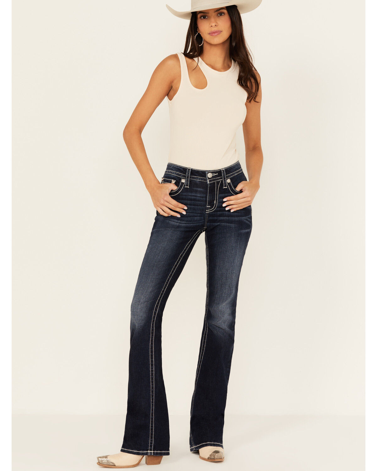 Image #3 - Miss Me Women's Dark Wash Mid Rise Dream Catcher Pocket Bootcut Stretch Denim Jeans, Dark Wash, hi-res