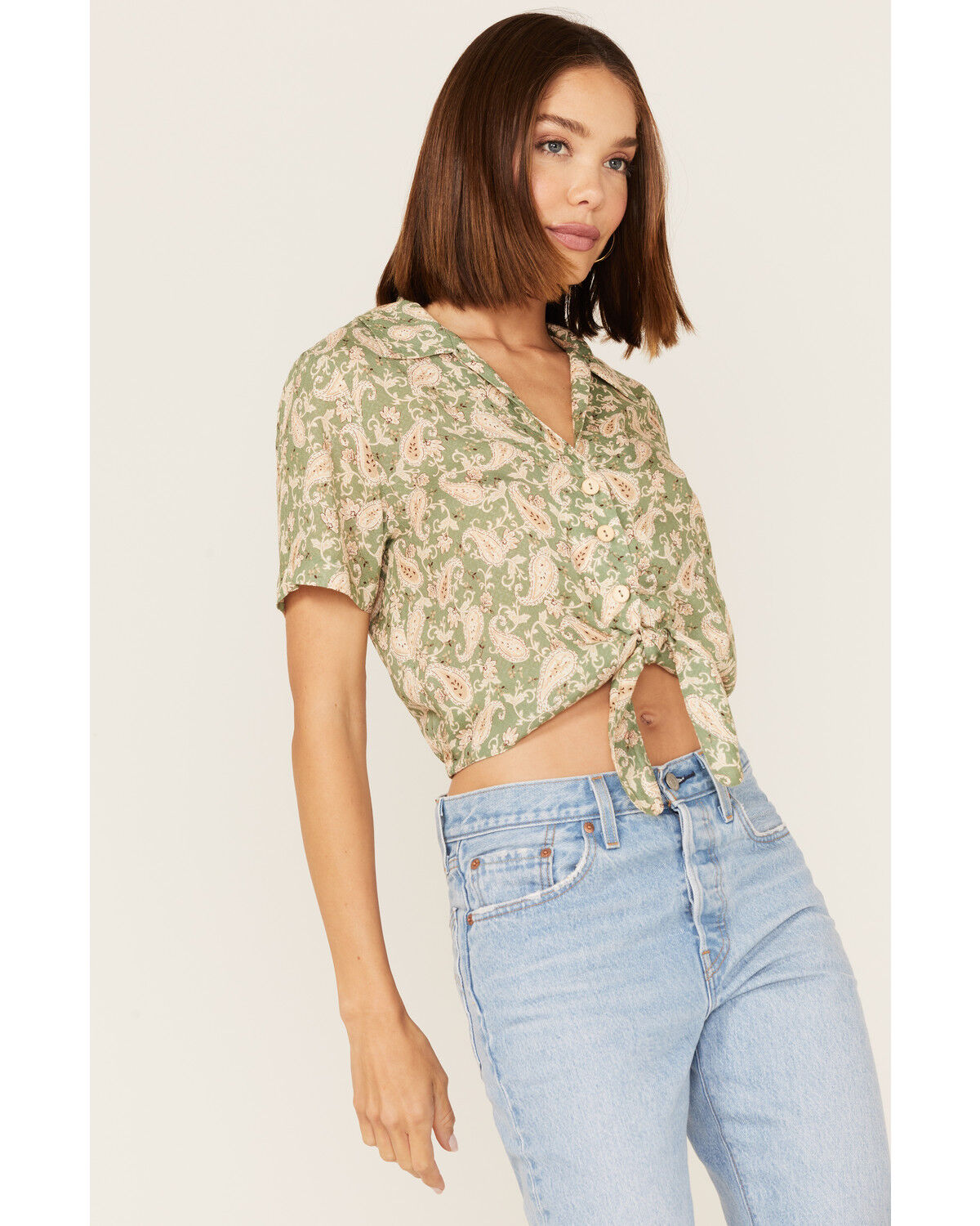 Image #2 - Sadie & Sage Women's Watchin Dreamin Tie Front Short Sleeve Shirt, Olive, hi-res