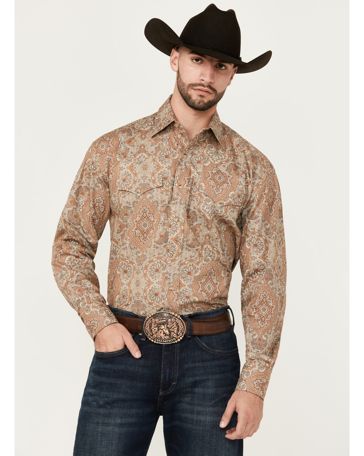 Image #1 - Stetson Men's Medallion Print Long Sleeve Pearl Snap Western Shirt, Brown, hi-res