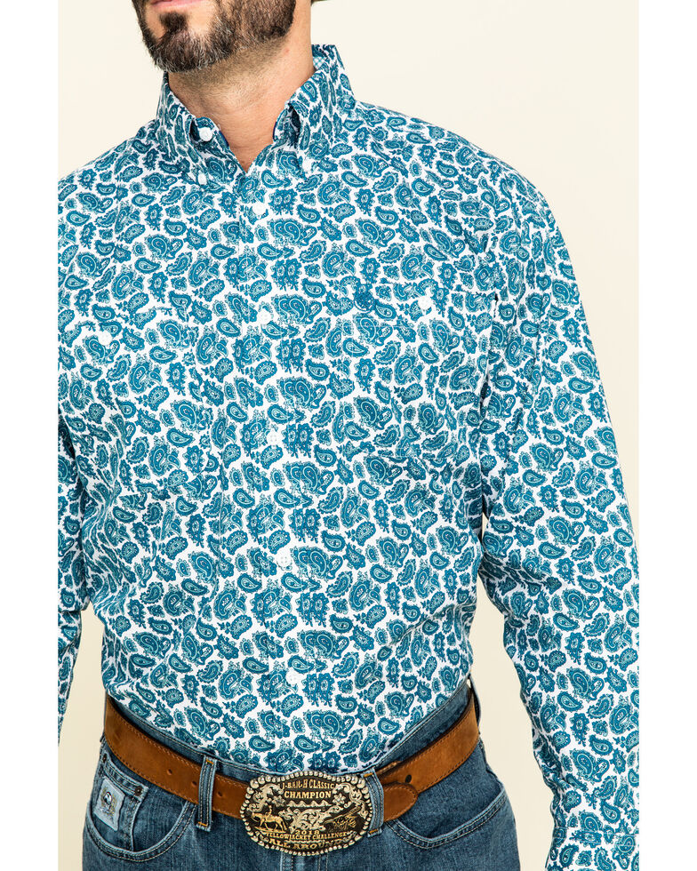 George Strait By Wrangler Men's Teal Small Paisley Print Long Sleeve Western Shirt , Teal, hi-res