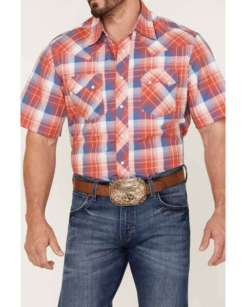 Image #3 - Wrangler Retro Men's Plaid Print Short Sleeve Snap Western Shirt , Red, hi-res
