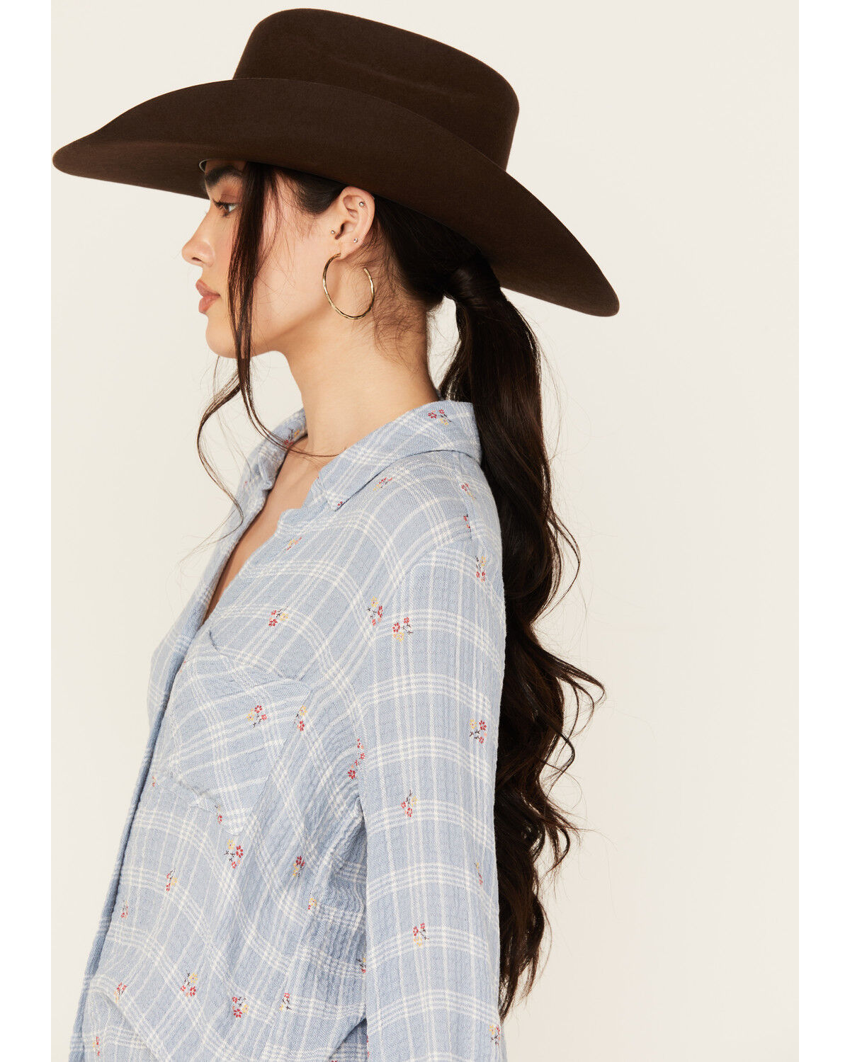 Image #2 - Beyond The Radar Women's Plaid Print Floral Long Sleeve Button-Down Shirt, Blue, hi-res