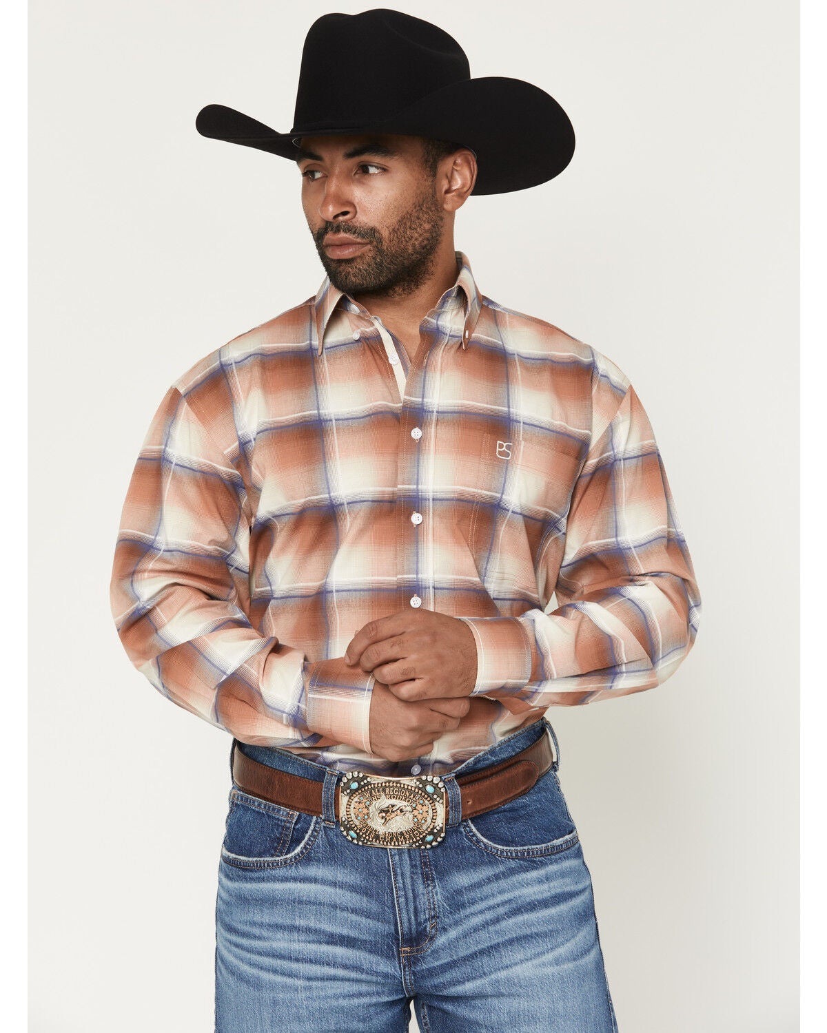Panhandle Slim Men's Plaid Print Long Sleeve Button-Down Stretch Western Shirt, Rust Copper, hi-res