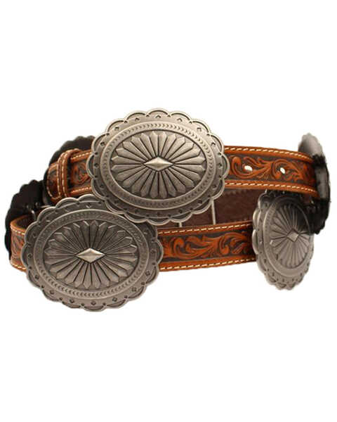 Ariat Women's Tooled Oval Concho Western Belt, Tan, hi-res