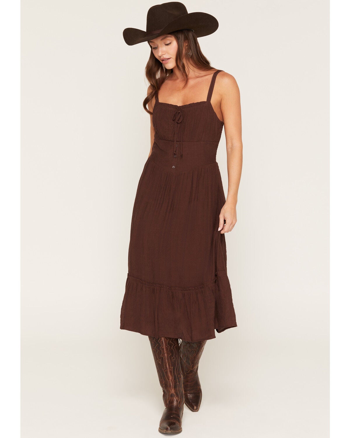 Image #1 - June & Hudson Women's Corset Button-Down Sleeveless Midi Dress, Chocolate, hi-res