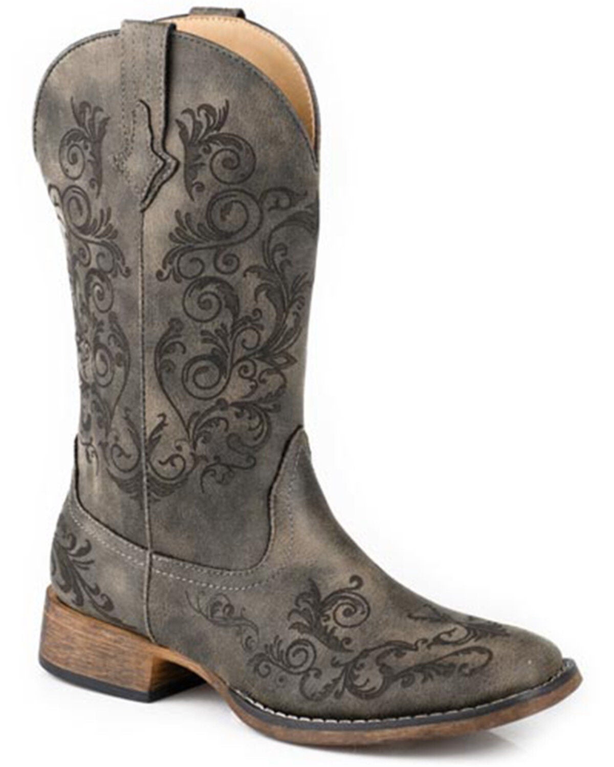 Roper Women's Bailey Laser Embroidered Western Boots - Broad Square Toe, Black, hi-res